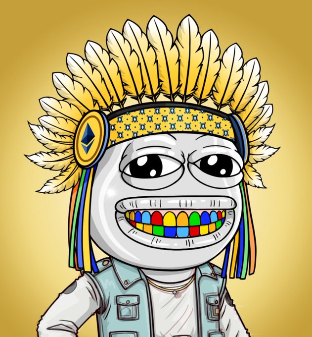 The image features a cartoon character wearing a Native American headdress, which has feathers attached to it. The character appears to be anthropomorphized with human-like facial features and expressions. They are standing against a yellow background, giving them an eye-catching appearance. The caption of the image reads "GM EPIC THANK YOU I forgot to thank @69mg_dutch This most legendary gift dropped in my wallet - straight fire from a true legend! My frogs are jumping higher than ever Huge shoutout for the love!".