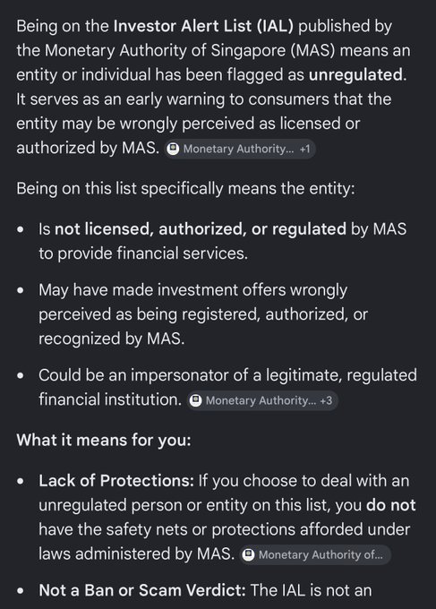 A screenshot of a webpage featuring an explanation of the Investor Alert List (IAL) from the Monetary Authority of Singapore, with details about its meaning and enforcement.