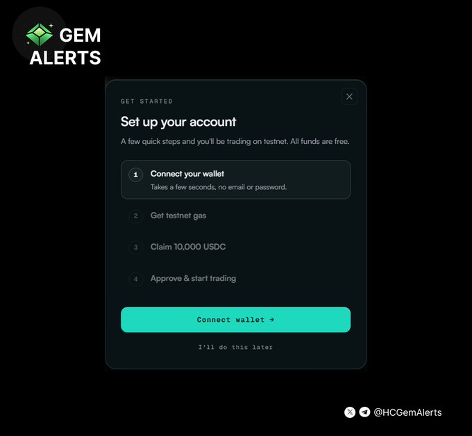 A "Gem Alerts" post featuring a setup modal for the Wager Predict testnet on BNB Chain, outlining a 4-step process to connect a wallet, get testnet gas, claim 10,000 USDC, and begin trading, with a "Connect wallet" button highlighted as the first action.