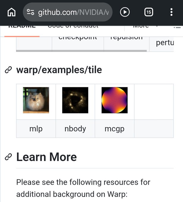 A mobile browser screenshot of a GitHub repository page at 'github.com/NVIDIA/warp/examples/tile' displaying thumbnails labeled 'mlp', 'nbody', and 'mcgp'.