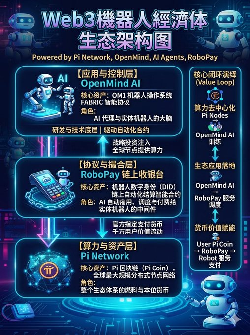 A neon-styled infographic titled 'Web3机器人经济体生态架构图' displays a tech ecosystem powered by Pi Network, OpenMind AI Agents, and RoboPay, featuring three tiers of components and a Value Loop.