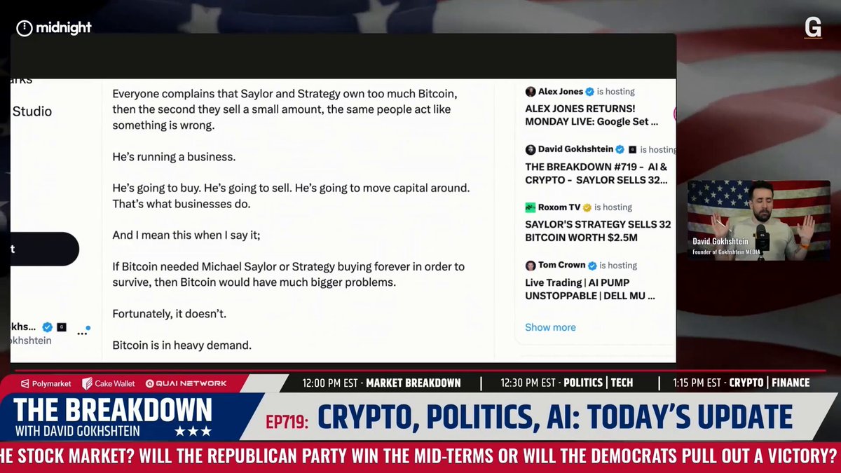 The image shows a screen displaying an online news program where two people, one of whom has a beard, are conversing with each other while discussing a political topic or event. The image also includes text that suggests a connection between Saylor buying back lower-level shares and a recent statement by the Democratic National Committee leader.