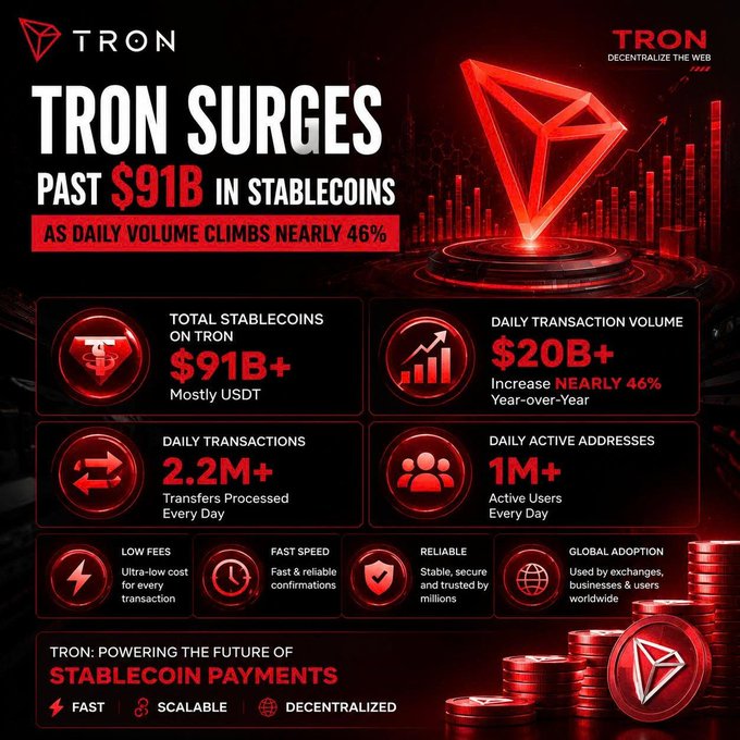 A promotional infographic for TRON cryptocurrency highlights its $91B+ stablecoin holdings (mostly USDT), $20B+ daily transaction volume (up nearly 46% year-over-year), 2.2M+ daily transactions, and 1M+ daily active addresses, while emphasizing the network's low fees, fast speed, and global adoption as key features for stablecoin payments.