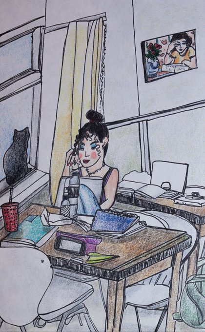 A hand-drawn colored sketch shows a young woman sitting at a cluttered desk by a window with a cat on the sill, surrounded by books, a laptop, a phone, and other study materials.