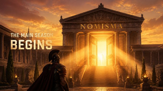 The image features a man dressed as a Roman soldier standing in front of an ancient building, possibly a temple or a palace. The man appears to be guarding the entrance to the building, which has a large archway that leads into the scene. The background is filled with golden rays of sunlight shining down on the structure, creating a warm and inviting atmosphere. The image also includes text that reads "The Main Season Begins" and "Nomisma & Tria", possibly indicating the start of a new season or the beginning of a new era in the world of cryptocurrency and blockchain technology.