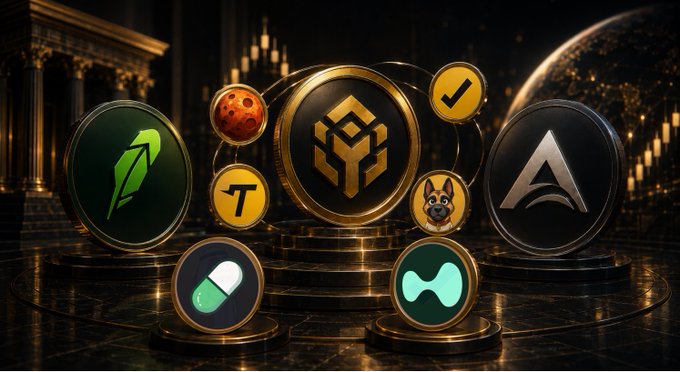 A digital artwork displaying various cryptocurrency coins including Bitcoin, BNB, Avalanche, and others arranged on golden pedestals against a dark background with classical architecture.