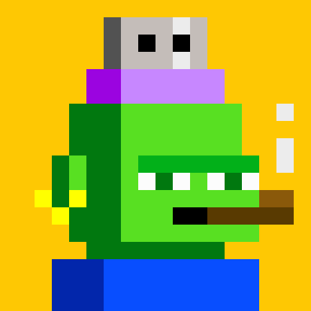 8-bit style pixel art of a green monster character with a cigar, purple hat, and blue overalls set against a yellow background.
