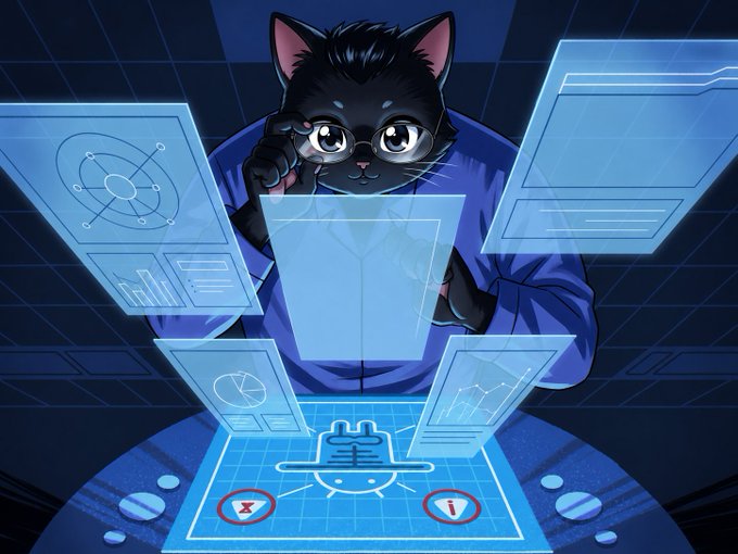 Digital illustration of an anthropomorphic black cat with glasses working at a futuristic holographic computer console with multiple floating data screens.