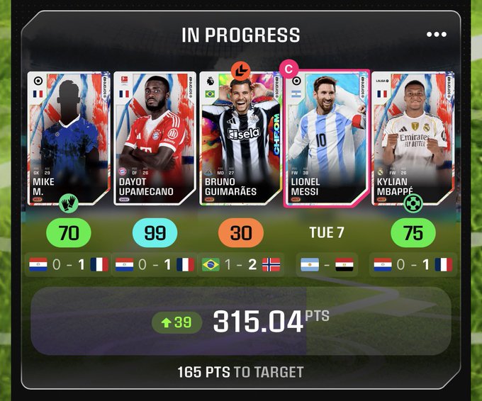 Screenshot of a fantasy football or soccer app showing 'IN PROGRESS' matches with player cards for Mike M., Dayot Upamecano, Bruno Guimarães, Lionel Messi, and Kylian Mbappé, displaying a total of 315.04 PTS.