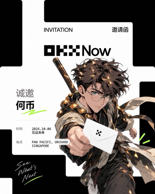 An invitation card for "OKX Now" event with anime-style artwork of a bespectacled character holding a sword and an envelope, listing details "2026.10.06", "见证未来", and "PAN PACIFIC, ORCHARD, SINGAPORE".