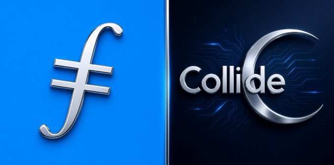 A digital graphic showing the logos of Filecoin (ƒ) and Collide Currency (C) side by side on blue and dark blue backgrounds.