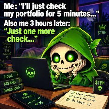 A cartoon meme depicting a skeleton in a green hoodie obsessively checking a portfolio on a laptop, with text reading 'Me: I'll just check my portfolio for 5 minutes...' and 'Also me 3 hours later: Just one more check...'
