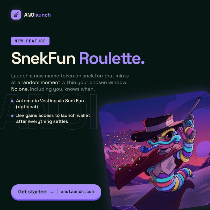 A promotional graphic for ANOlaunch's new "SnekFun Roulette" feature, which allows launching meme tokens on snek.fun with a randomly timed mint within a chosen window. The post references this as a way to add excitement to token launches on @snekdotfun, directing viewers to anolaunch.com to get started. The image features a colorful cartoon snake character in a cowboy hat against a purple sunset backdrop.