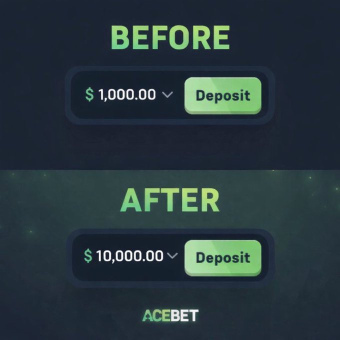 A before-and-after comparison graphic branded "ACEBET" shows a deposit amount jumping from $1,000.00 to $10,000.00, illustrating the kind of betting wins the poster is promoting while referencing their referral code "Thedefiape" at acebet.co.