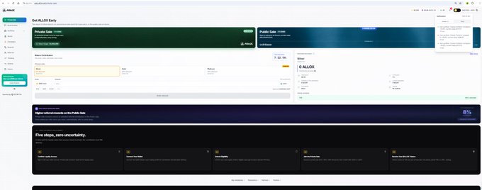 A screenshot of the AlloX Early dashboard showing a "Private Sale" with 10,000,000 ALLOX tokens and a "Public Sale" with 100,000,000 ALLOX tokens, featuring key metrics like TGE, listing price, and market cap, which aligns with the user's post about considering a small 50M token investment without locking up due to the project seemingly having low odds of significant loss.