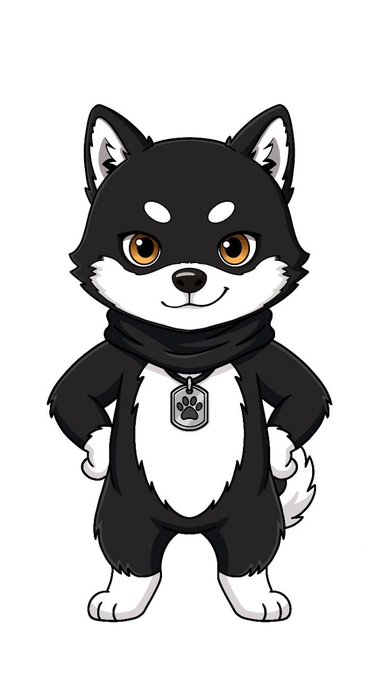 A cute cartoon illustration of a black and white husky puppy wearing a dark scarf with a paw-print tag.