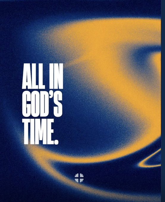 A blue and yellow textured graphic displays the text 'ALL IN GOD'S TIME.' in white block letters.
