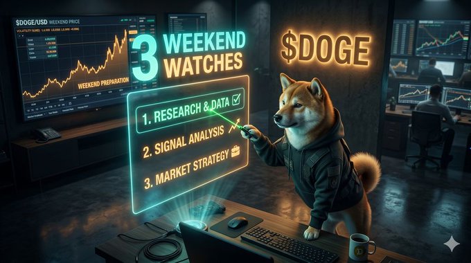 The image features a dog standing next to a computer screen, with text that reads "3 weekend watches $DOGE bulls are watching this weekend 1. Paxos custody going live for fintech apps 2. Spot DOGE ETF inflow streak extension 3. CLARITY Act Senate floor scheduling More #Dogecoin #Crypto". The dog appears to be holding a computer mouse, and the image is related to the post about Dogecoin bulls watching the market on Saturday.
