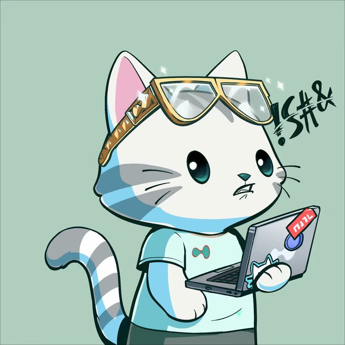 A cartoon illustration of a white cat wearing gold-rimmed glasses perched on its head, holding a laptop with an 'MNL' sticker.