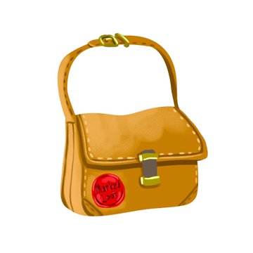 A cartoon-style illustration of a brown leather messenger bag with a buckle closure, shoulder strap, and a red wax seal stamp on the front.