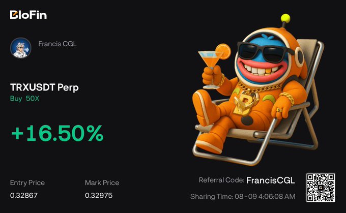 A BloFin trading card shared by Francis CGL showcasing a profitable TRXUSDT Perp long position at 50x leverage, featuring an entry price of 0.32867 and mark price of 0.32975, with an impressive +16.50% gain highlighted alongside a sunglasses-wearing astronaut mascot holding a cocktail—visually reinforcing the celebratory tone of the post about TRON's strong momentum and effective market timing.