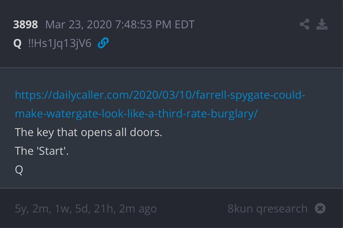 QAnon post #3898 from March 23, 2020, referencing a Daily Caller article about Spygate with the captions 'The key that opens all doors. The Start. Q'.