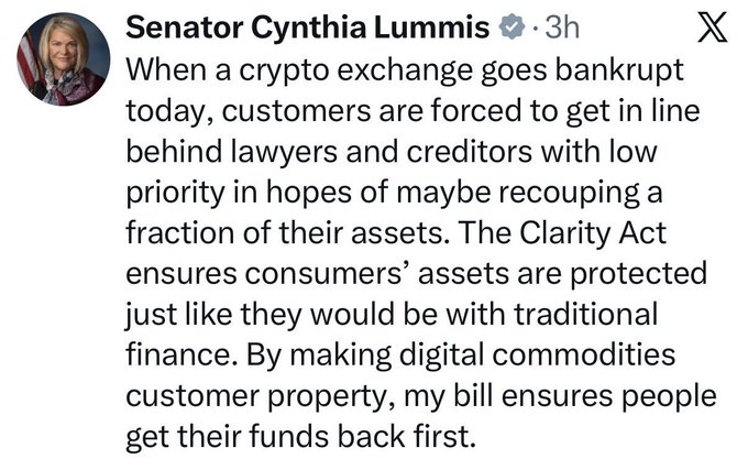 A tweet from Senator Cynthia Lummis discussing the Clarity Act and how it protects consumers' assets when crypto exchanges go bankrupt, ensuring digital commodities are treated as customer property.