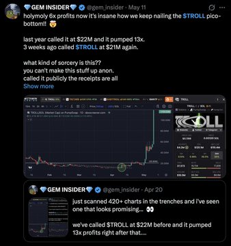 A screenshot of a tweet from "Gem Insider" (@gem_insider) highlighting a profitable call on $TROLL, noting it was called at a $22M market cap before pumping 13x to $290M, alongside a trading chart showing the token's price spike. The image serves as a testimonial of past successful calls to support the accompanying post's list of recent profitable trades, which includes $TROLL going from $21M to $145M.