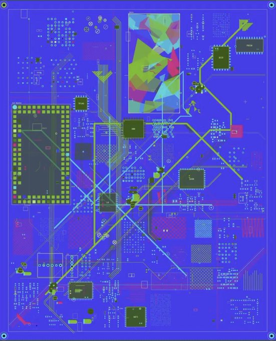 A blue printed circuit board (PCB) layout featuring various chips, traces, vias, and components rendered in vibrant blue, yellow, and pink colors.