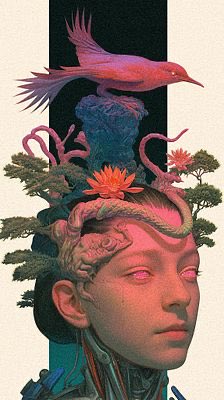A surreal digital illustration featuring a figure with a pink bird perched on their head, surrounded by pink foliage, bonsai-like trees, and flowers, with the figure's face rendered in muted pink and green tones.