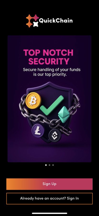 A mobile screenshot of the QuickChain app's onboarding screen displaying "TOP NOTCH SECURITY - Secure handling of your funds is our top priority" alongside a shield graphic featuring cryptocurrency icons (Bitcoin, Litecoin, Ethereum, and Binance), with "Sign Up" and "Sign In" buttons below, promoting the platform referenced in the post for converting $150 to ₦208,000.