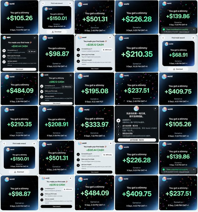 A collage of multiple notifications from the 'world' app showing various 'stimmy' rewards and first trade bonuses ranging from $68.91 to $501.31, earned on September 9th, with text in both English and Chinese.