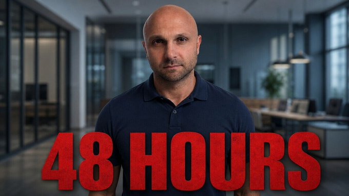 A bald man in a navy polo shirt stands in a modern office hallway, with the bold red text "48 HOURS" overlaid across the foreground, suggesting a countdown tied to the upcoming White House meeting between crypto industry leaders and regulators.