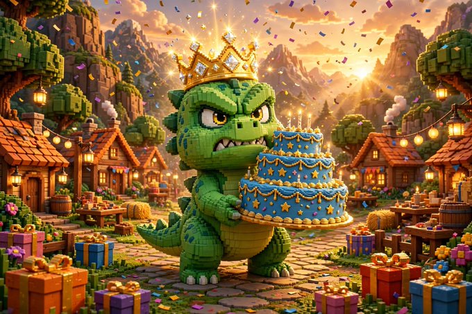 A pixelated green dinosaur character wearing a golden crown holds a three-tiered blue birthday cake with stars, surrounded by gift boxes in a Minecraft-style village.