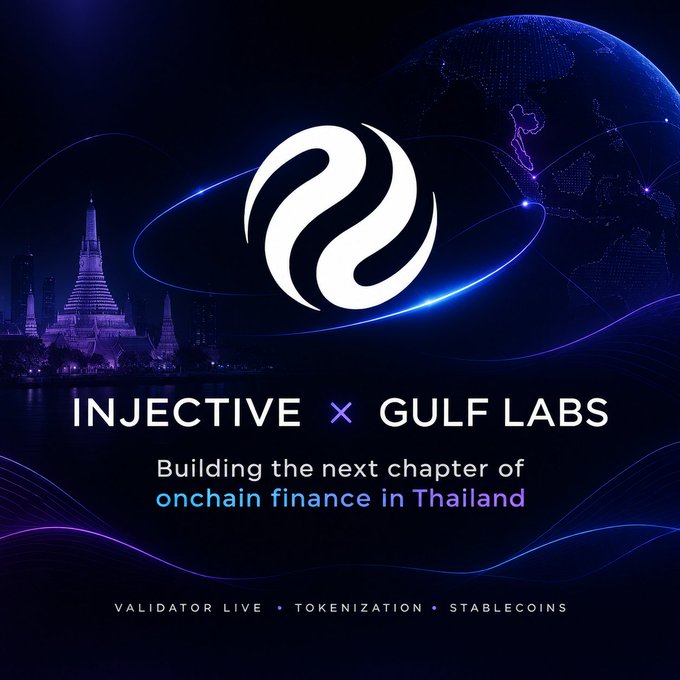 An announcement graphic for "INJECTIVE X GULF LABS" featuring their logos against a blue digital globe and a temple, reading "Building the next chapter of onchain finance in Thailand" and highlighting "VALIDATOR LIVE • TOKENIZATION • STABLECOINS".