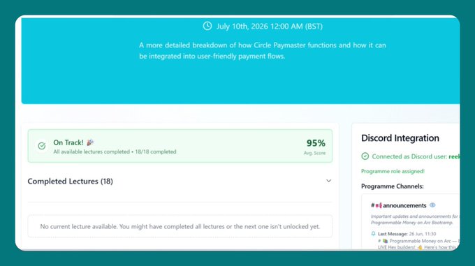 A dashboard screenshot showing a course progress tracker at 95% (On Track!) with 18/18 completed lectures, alongside a Discord Integration panel showing connection status and #announcements channel for a programme called reee