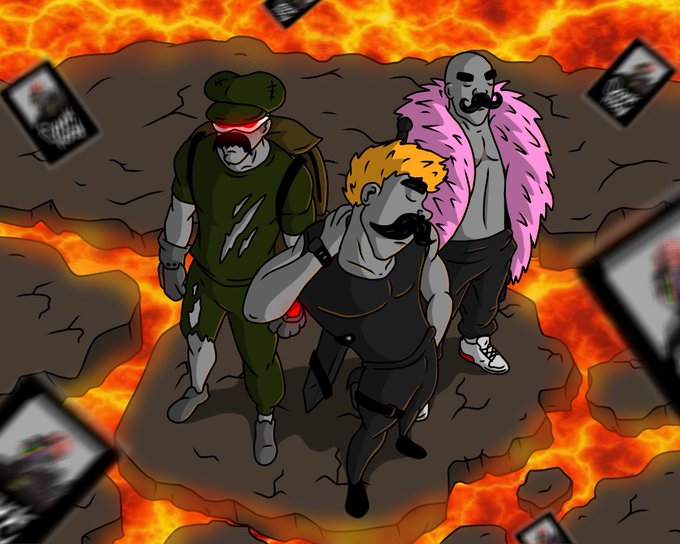 A cartoon illustration of three masked characters standing on a rock surrounded by lava, with small polaroid-style photos floating around them.