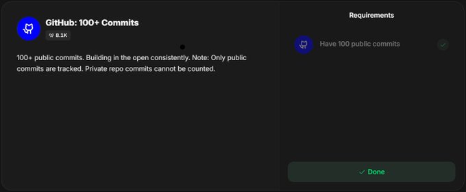 The image shows a GitHub achievement card titled "GitHub: 100+ Commits" with an 8.1K rarity badge, confirming the post's claim that only 8.1k people in Base Builders on Guild.xyz have achieved this milestone. The requirements section shows the "Have 100 public commits" task marked as complete with a green checkmark.