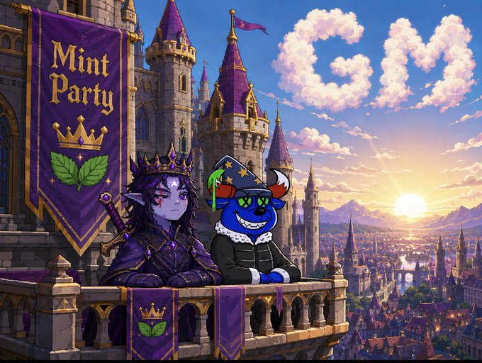 A fantasy castle balcony scene at sunset with 'CSM' spelled in clouds; two characters—a dark-haired elf princess in purple and a blue mascot in a wizard hat—stand beside a 'Mint Party' banner.