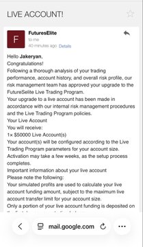 An email screenshot from FutureSelite Live Account team addressed to jakeryan, approving a funded Live Account with $50,000 and details about the simulated accounts and risk management procedures.