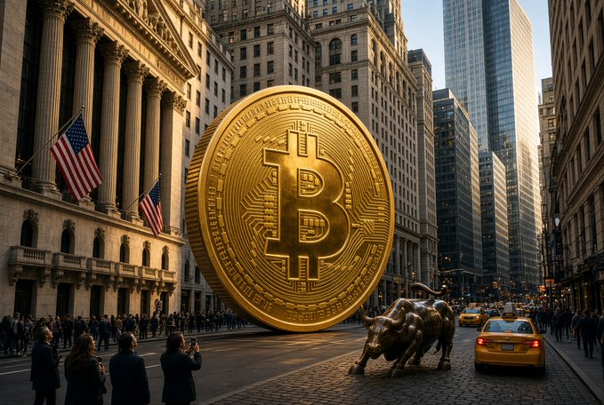 An artistic depiction of a giant golden Bitcoin coin positioned on a street in front of the New York Stock Exchange, complete with the Wall Street Charging Bull statue and American flags.