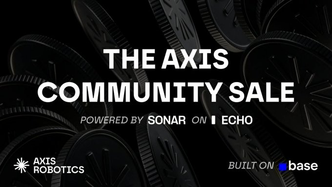 A promotional graphic reading 'THE AXIS COMMUNITY SALE' with 'POWERED BY SONAR ON ECHO' and 'BUILT ON base' logos over a background of dark, stacked robotic wheels.