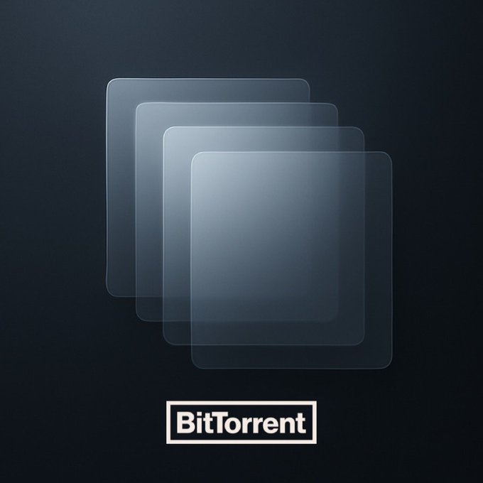 Four stacked translucent squares float above a dark gradient background, with the "BitTorrent" logo displayed below, visually representing the distributed, layered nature of decentralized file sharing rather than reliance on a single central server.