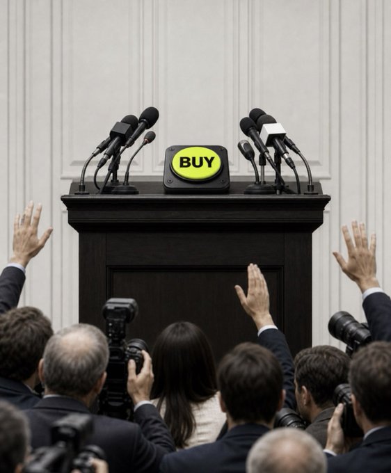 A press conference scene with reporters' hands raised and cameras pointed at a podium, where a bright yellow 'BUY' button sits between clusters of microphones.