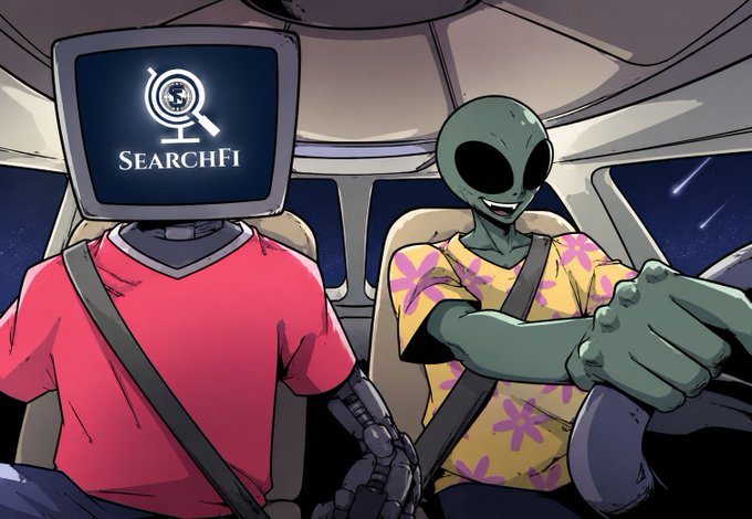 A cartoon illustration depicts a robot with a monitor head displaying a "SEARCHFi" logo sitting in a car next to a green alien wearing a yellow floral shirt, with stars and meteors visible through the window.