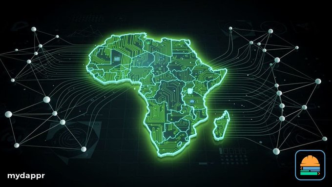 A glowing green digital illustration of the African continent styled as a circuit board, surrounded by network nodes and connections, with a 'mydappr' logo.