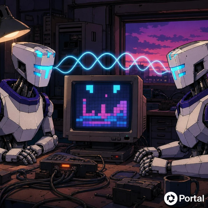 Two robotic figures connected by a glowing blue sine wave sit beside a retro CRT monitor displaying pixelated graphics, with the "Portal" logo in the corner. The image visually represents the seamless connectivity between Portal's AI tools (Studio, Nexus, Gen8) and the newly launched Portal Shop, symbolizing the unified ecosystem where creators earn and spend Shards across all platforms.