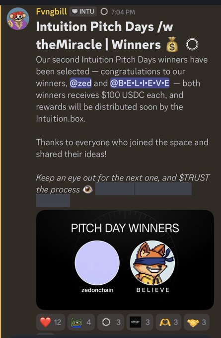 The image shows a screenshot of a message posted on social media by a person named @zedonchain_ , who has won an award for pitch days (#PitchDayWinners). The message congratulates them, stating that they have been selected as one of the "two Intuition Pitch Days winners! Keep trusting the process". The focus of this post is to celebrate their success and encourage others to believe in themselves.