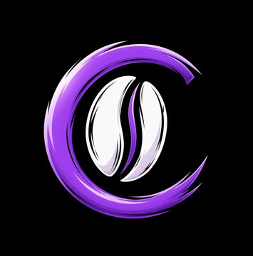 A stylized logo featuring a white coffee bean encircled by a purple crescent-shaped brushstroke on a black background.