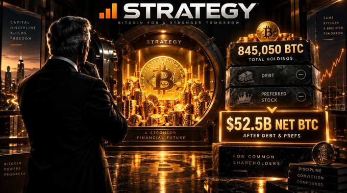 Another promotional image for "STRATEGY" showing "845,050 BTC TOTAL HOLDINGS" and "$52.5B NET BTC AFTER DEBT & PREFS," with a man in a suit looking toward a glowing Bitcoin vault.
